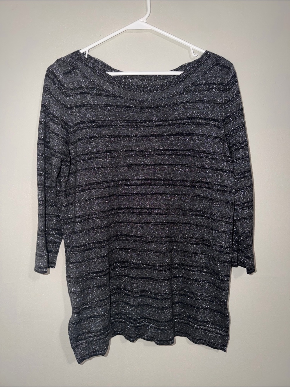 Worthington Women’s M Metallic Black Silver Striped Boat Neck Sweater Tunic